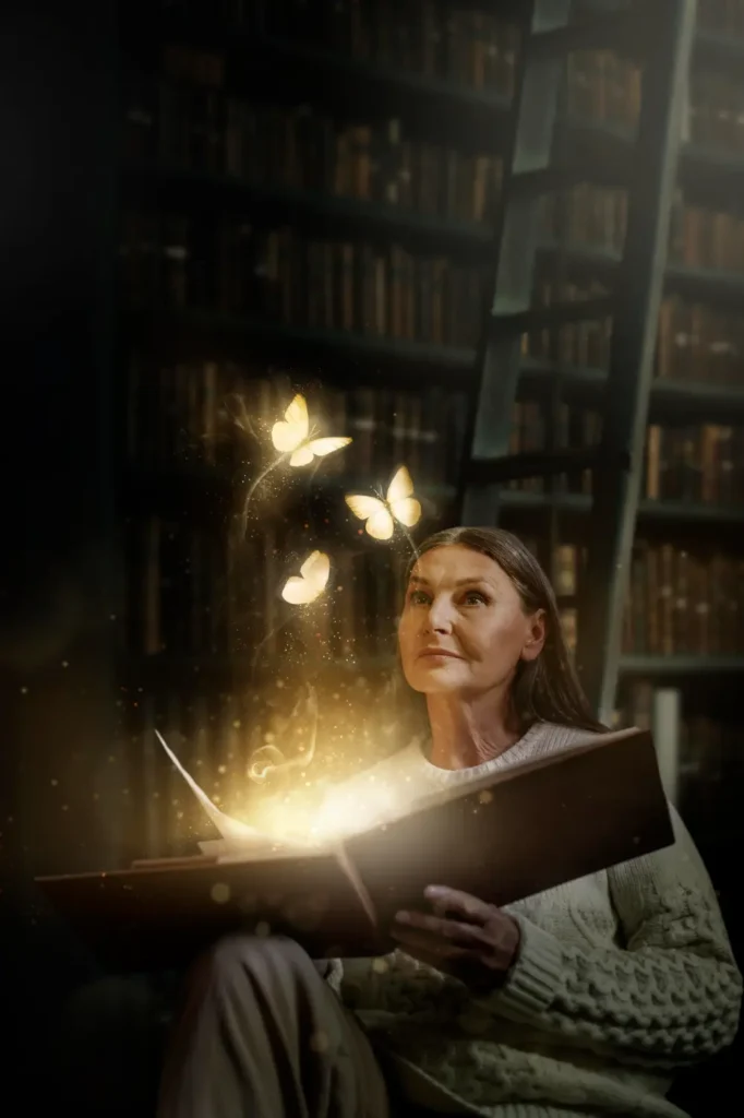 Woman reading a glowing book in a library with floating butterflies.
