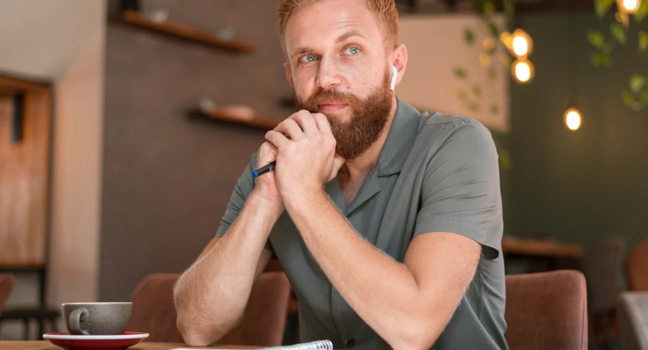 Thoughtful man contemplating risk and decision-making at a cafe.