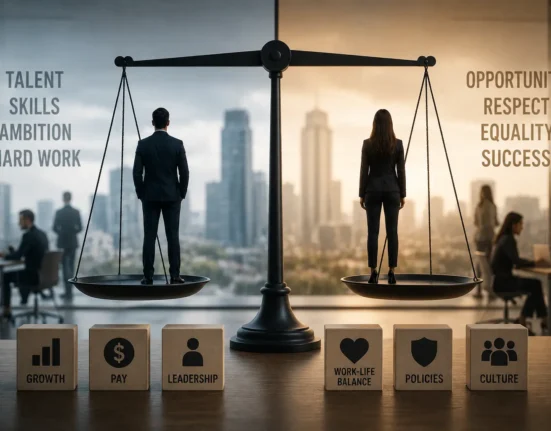 man and woman in corporate workplace