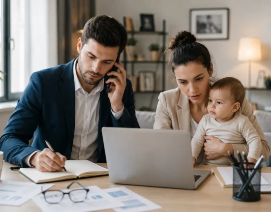 couple balancing work and family life