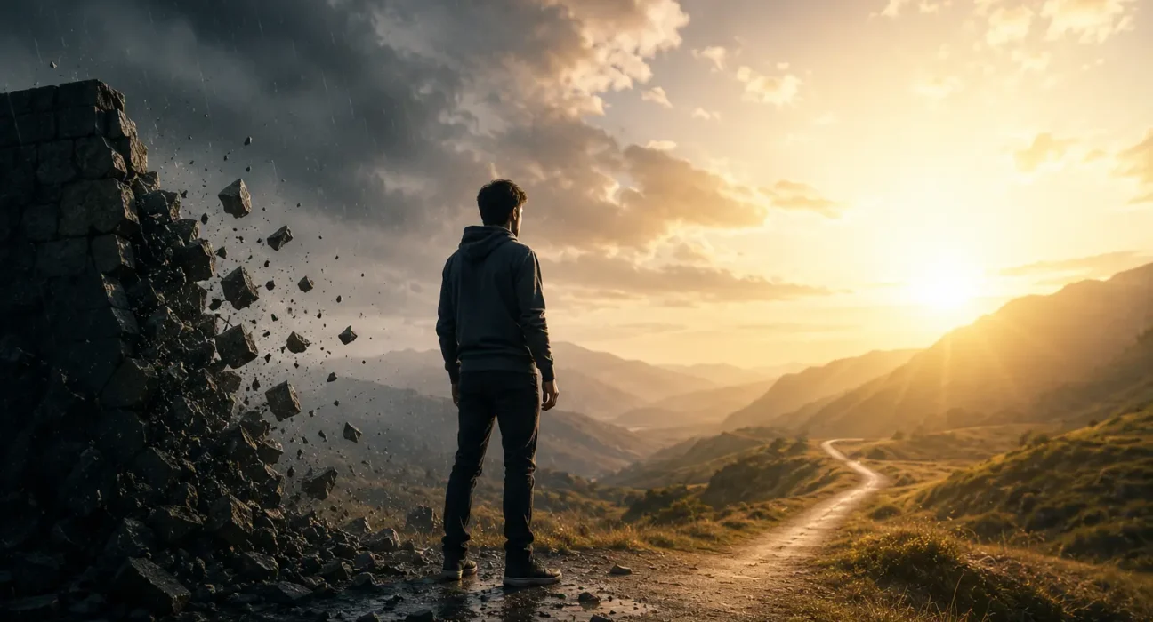 person standing between storm and sunlight