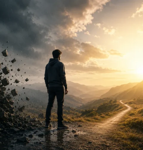person standing between storm and sunlight
