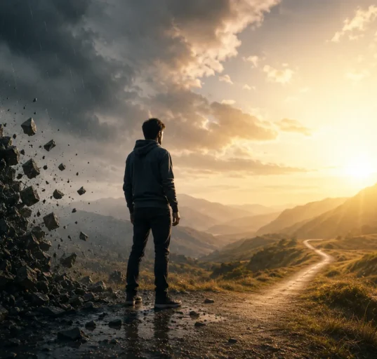 person standing between storm and sunlight