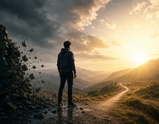 person standing between storm and sunlight