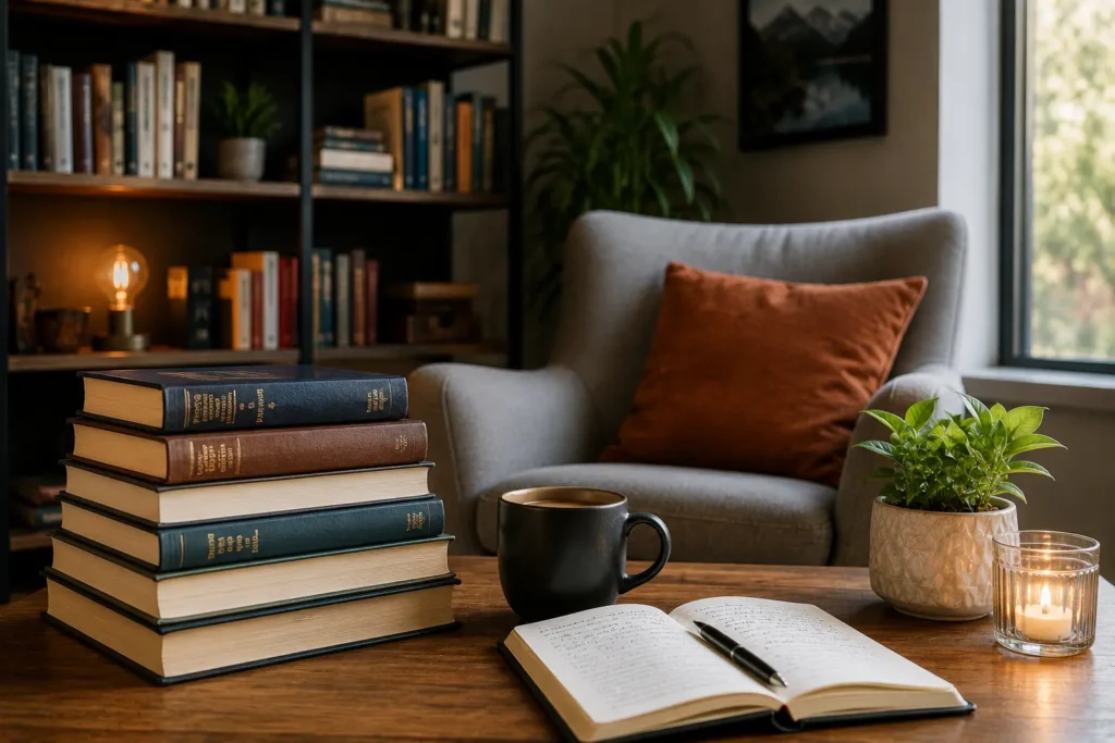 cozy reading corner with books