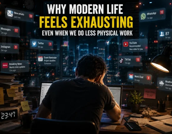 overwhelmed person surrounded by digital notifications