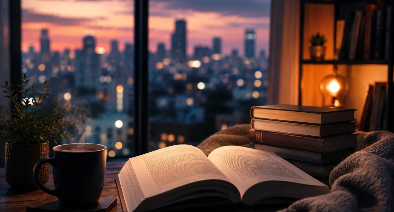 cozy reading setup with books and coffee