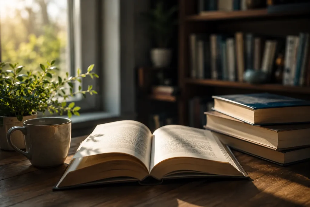 open book on wooden table