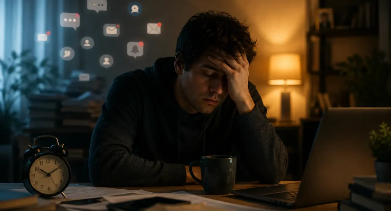 exhausted person working late at laptop