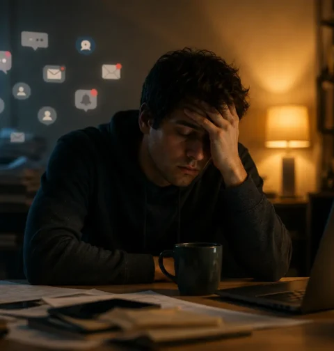 exhausted person working late at laptop