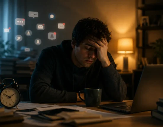 exhausted person working late at laptop